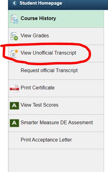 Step 2: Click on View Unofficial Transcript 